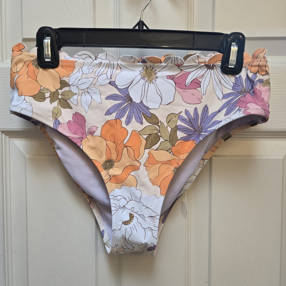 NWT Cupshe Purple & Orange Floral Bikini Bottom With Scalloped Trim, Medium